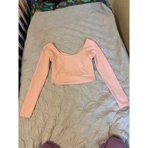 Kimberly C Long Sleeve Open Back Active Crop Top Pink Square Neck Size L